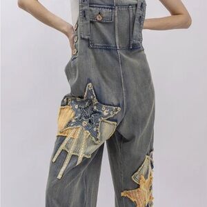 BlueVELVET Trendy Star-Embellished Denim Light Denim Overalls Size XL